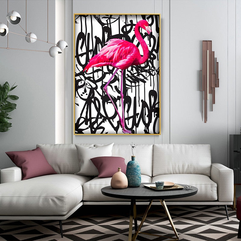 Nordic Wall Decor Pink Flamingo Graffiti Art