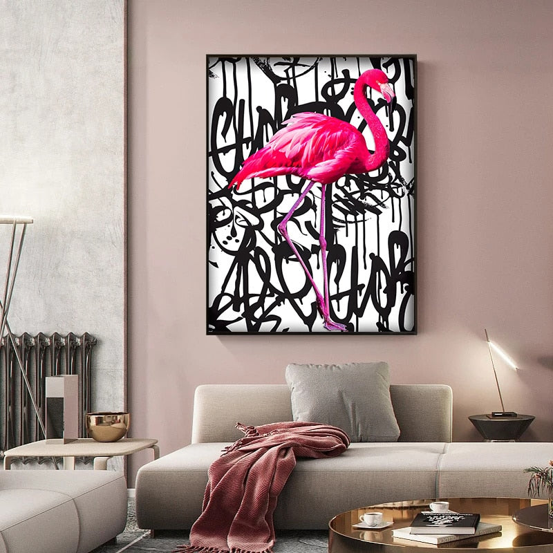 Nordic Wall Decor Pink Flamingo Graffiti Art