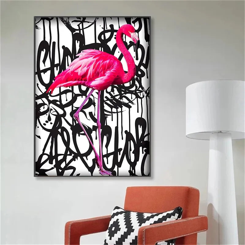 Nordic Wall Decor Pink Flamingo Graffiti Art